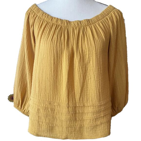 NWT Roan & Ryan Evereve Mustard Gauzy Top Sz S 3/4 elasticized sleeves Layers - Picture 1 of 8